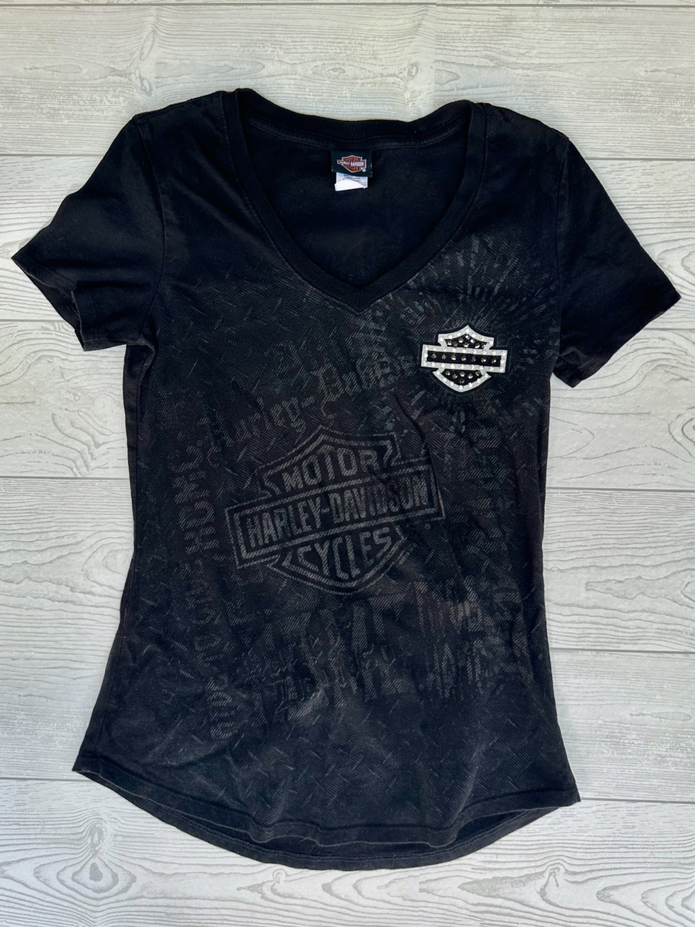 Harley-Davidson Black V-Neck Graphic T-Shirt w/ Harley Rhinestone Logo | Size XS